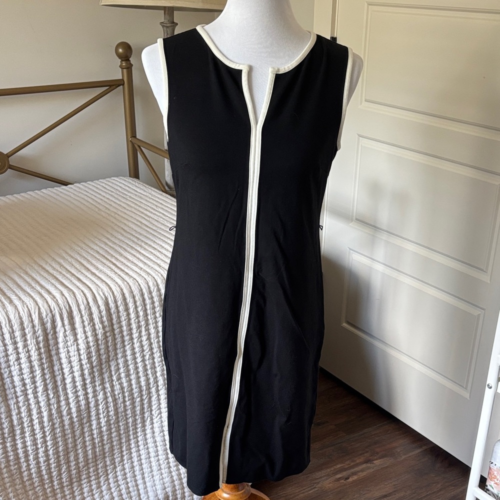 Black Sleeveless Dress with White Trim